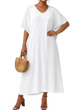Women's White Plus Size V Neck Caftan Long Batwing Sleeve Swimsuit Cover Up